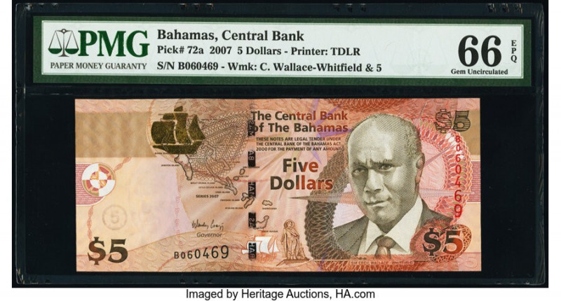 Bahamas Central Bank 5; 100 Dollars 2007; 2009 Pick 72a; 76 Two Examples PMG Gem...