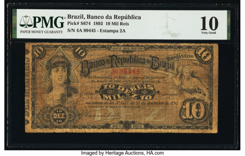Brazil Banco da Republica 10 Mil Reis 23.9.1893 Pick S674 PMG Very Good 10. Prev...