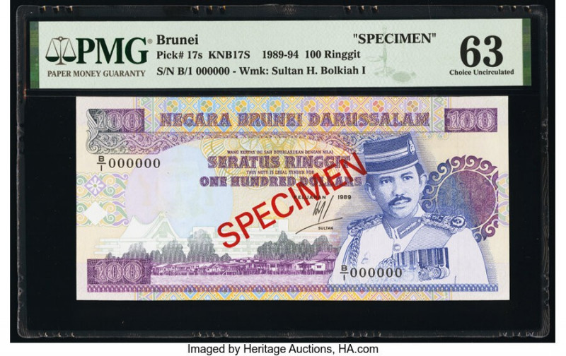 Brunei Negara Brunei Darussalam 100 Ringgit 1989-94 Pick 17s KNB17S Specimen PMG...