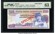 Brunei Negara Brunei Darussalam 100 Ringgit 1989-94 Pick 17s KNB17S Specimen PMG Choice Uncirculated 63. Red Specimen overprints and stains lightened....