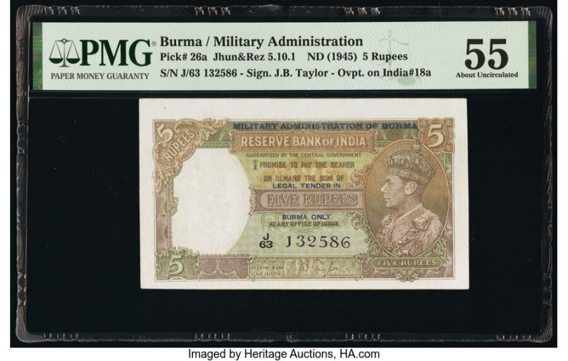 Burma Military Administration 5 Rupees ND (1945) Pick 26a Jhun5.10.1 PMG About U...