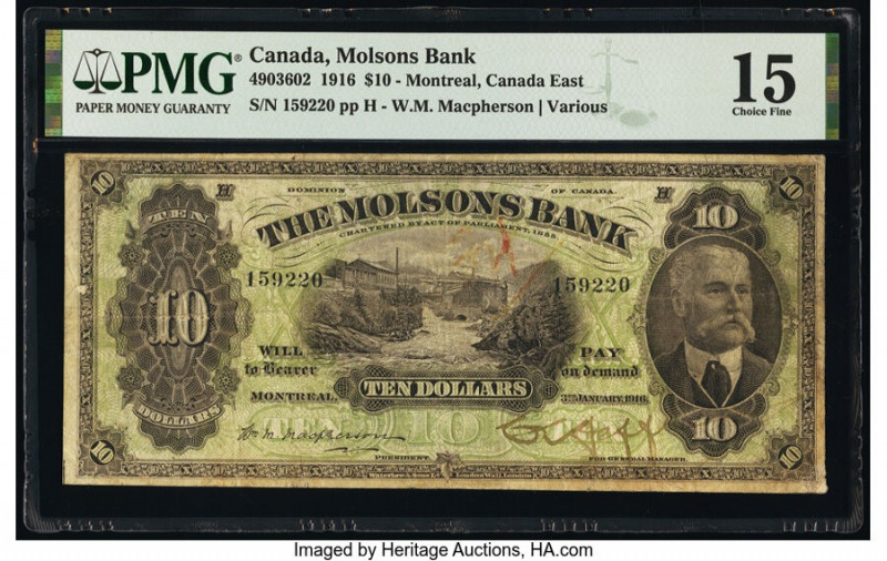 Canada Montreal, PQ- Molsons Bank $10 3.1.1916 Pick S1239 Ch.# 490-36-02 PMG Cho...