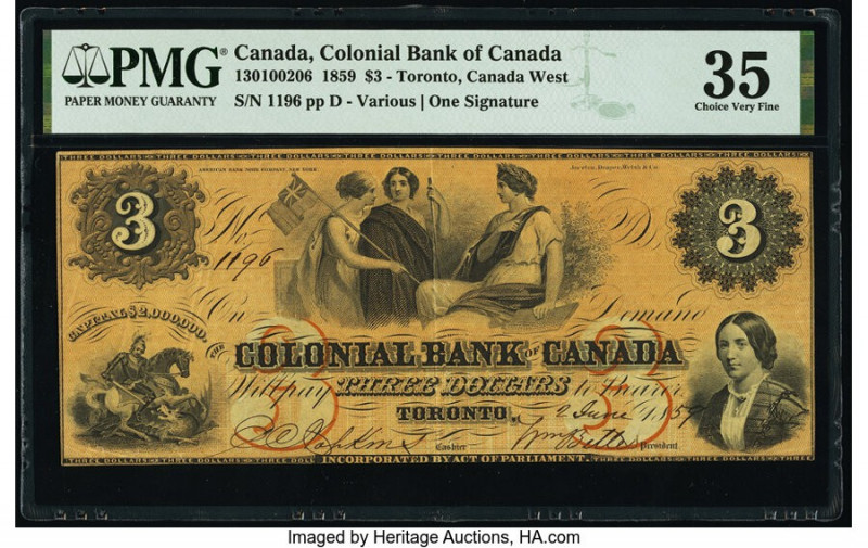 Canada Toronto, CW- Colonial Bank of Canada $3 2.6.1859 Pick S1668 Ch.# 130-10-0...