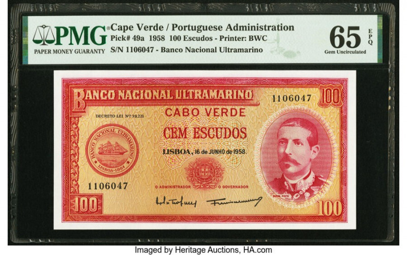 Cape Verde Banco Nacional Ultramarino 100 Escudos 16.6.1958 Pick 49a PMG Gem Unc...