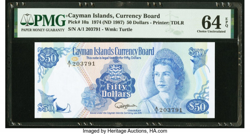 Cayman Islands Currency Board 50 Dollars 1974 (ND 1987) Pick 10a PMG Choice Unci...