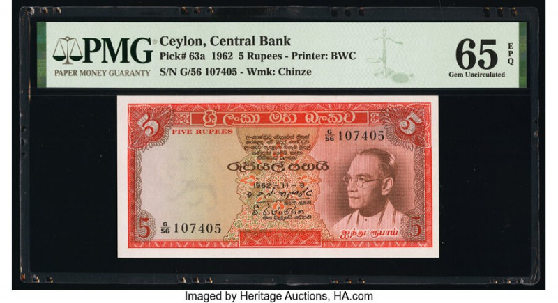 Ceylon Central Bank of Ceylon 5 Rupees 8.11.1962 Pick 63a PMG Gem Uncirculated 6...