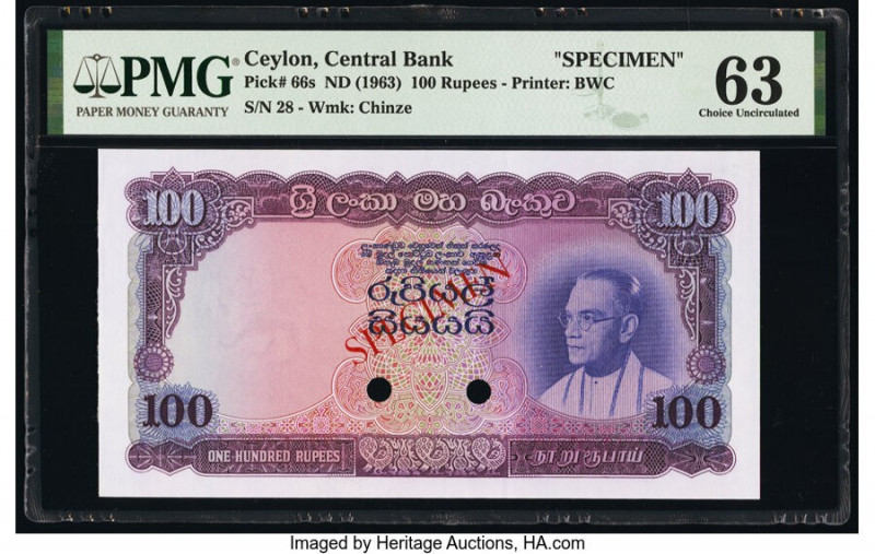 Ceylon Central Bank of Ceylon 100 Rupees ND (1963) Pick 66s Specimen PMG Choice ...