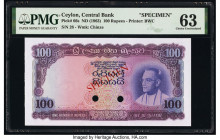 Ceylon Central Bank of Ceylon 100 Rupees ND (1963) Pick 66s Specimen PMG Choice Uncirculated 63. Red Specimen overprints, previously mounted and two P...