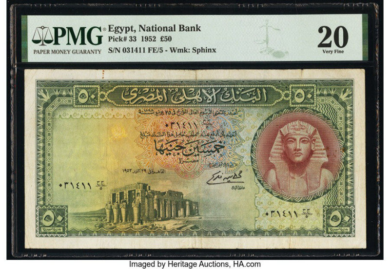 Egypt National Bank of Egypt 50 Pounds 1952 Pick 33 PMG Very Fine 20. Minor rust...