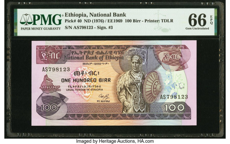 Ethiopia National Bank 100 Birr ND (1976) Pick 40 PMG Gem Uncirculated 66 EPQ. 
...