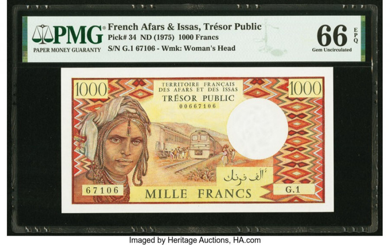 French Afars & Issas Tresor Public 1000 Francs ND (1975) Pick 34 PMG Gem Uncircu...