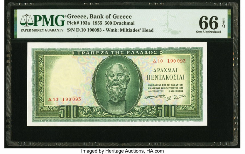 Greece Bank of Greece 500 Drachmai 1955 Pick 193a PMG Gem Uncirculated 66 EPQ. 
...