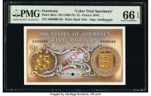 Guernsey States of Guernsey 5 Pounds ND (1969-75) Pick 46cts Color Trial Specimen PMG Gem Uncirculated 66 EPQ. Red Specimen overprints and one POC.

H...