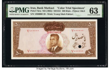 Iran Bank Markazi 500 Rials ND (1962) / SH1341 Pick 74cts Color Trial Specimen PMG Choice Uncirculated 63. Red Specimen overprints and one POC. Previo...