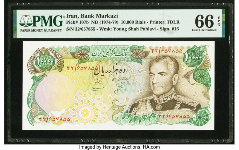 Iran Bank Markazi 10,000 Rials ND (1974-79) Pick 107b PMG Gem Uncirculated 66 EP...