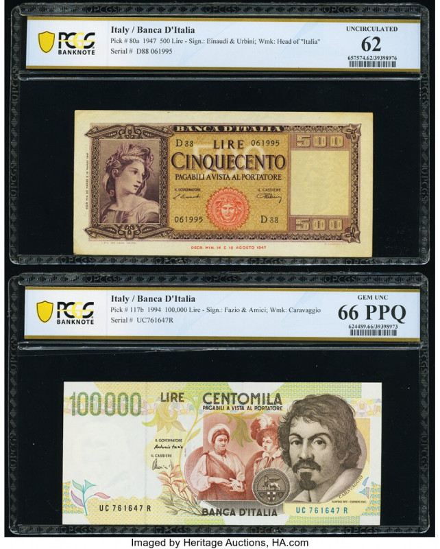 Italy Banco d'Italia 500; 100,000 Lire 14.8.1947; 1994 Pick 80a; 117b Two Exampl...