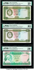 Libya Central Bank of Libya 5 (2); 10 Dinars ND (1971); ND (1972); ND (1980) Pick 36a; 36b; 46a Three Examples PMG Very Fine 25; Choice Uncirculated 6...