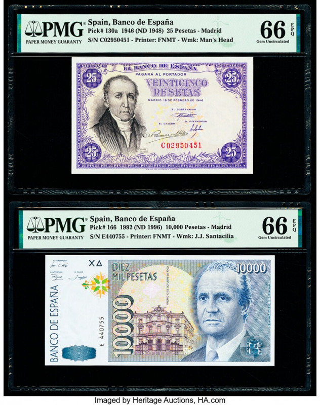 Spain Banco de Espana 25; 10,000 Pesetas 1946 (ND 1948); 1992 (ND 1996) Pick 130...