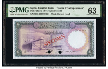 Syria Central Bank of Syria 100 Pounds 1966-74 / AH1386-94 Pick 98cts Color Trial Specimen PMG Choice Uncirculated 63. Red Specimen overprints, two PO...