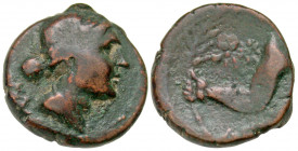 Picenum, Ancona. Ca. 300-250 B.C. AE 18 (17.7 mm, 5.62 g, 6 h). Head of Aphrodite right; M behind / AΓ[KΩN], right arm holding palm branch, two stars ...