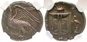Bruttium, Kroton. Ca. 350-300 B.C. AR nomos (20 mm, 7.69 g, 6 h). Eagle standing left on branch, wings spread / Tripod; to right, crane standing left ...