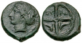 Sicily, Syracuse. 415-405 B.C. AE hemilitron (15.4 mm, 3.36 g, 2 h). Head of Arethusa left / ΣV-PA, two dolphins in each quarter of a wheel of four sp...