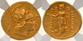 Macedonian Kingdom. Alexander III the Great. 336-323 B.C. AV stater (8.57 g). In the name of Alexander III. Helmeted head of Athena right / AΛEΞANΔPOY...