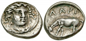 Thessaly, Larissa. Ca. 405-380 B.C. AR drachm (18.9 mm, 6.06 g, 1 h). Head of the nymph Larissa facing, slightly right / Horse standing left, grazing....