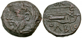 Sarmatia, Olbia. Circa 310-280 B.C. AE 21 (20.7 mm, 8.09 g, 9 h). Horned and bearded head of Borysthenes left / OΛBIO, Axe and bow in gorytos, NO[Y] a...