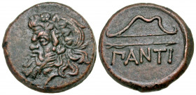 Cimmerian Bosporos, Pantikapaion. Circa 340-325 B.C. AE 27 (27.2 mm, 14.00 g, 9 h). Bearded head of satyr left, wearing wreath of ivy / ΠANTI, bow and...