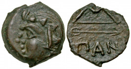 Cimmerian Bosporos, Pantikapaion. Circa 325-310 B.C. AE 17 (17 mm, 3.19 g, 12 h). Head of beardless satyr left, wreathed with ivy / ΠAN, bow and arrow...