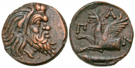Cimmerian Bosporos, Pantikapaion. Circa 325-310 B.C. AE 21 (20.8 mm, 5.93 g, 11 h). Bearded head of satyr right / ΠAN, forepart of griffin left; sturg...