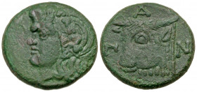 Cimmerian Bosporos, Pantikapaion. Circa 325-310 B.C. AE 26 (26 mm, 16.08 g, 6 h). Bearded head of satyr left, wearing wreath of ivy / ΠAN, bull's head...