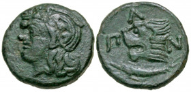 Cimmerian Bosporos, Pantikapaion. Circa 310-304 B.C. AE 21 (20.6 mm, 5.81 g, 12 h). Head of beardless satyr left, wreathed with ivy / ΠAN, lion's head...