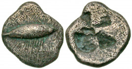Mysia, Kyzikos. Ca. 600-550 B.C. AR obol (9.4 mm, .55 g). Tunny swimming right / Quadripartite incuse square. Von Fritze II 5; SNG von Aulock 7328; SN...