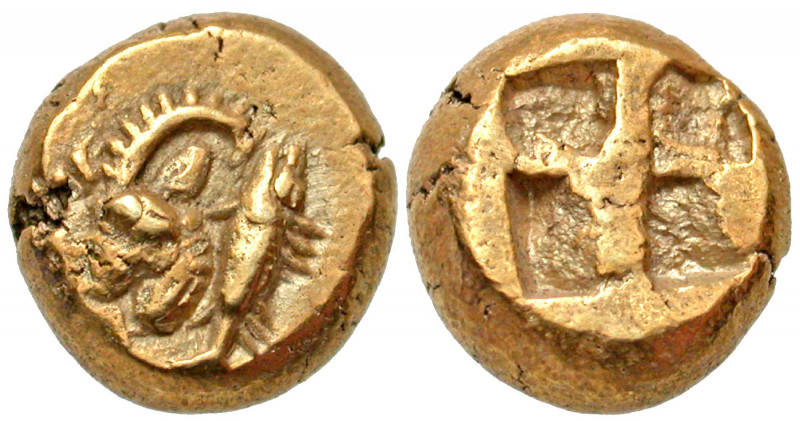 Mysia, Kyzikos. Ca. 550-500 B.C. EL hekte (9.9 mm, 2.69 g). Head of ibex left; t...
