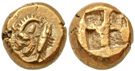 Mysia, Kyzikos. Ca. 550-500 B.C. EL hekte (9.9 mm, 2.69 g). Head of ibex left; tunny behind / Quadripartite incuse square. Cf. Von Fritze I 49 (twelft...