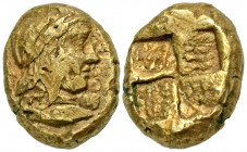 Mysia, Kyzikos. Ca. 5th-4th Century B.C. EL hekte - sixth stater (11.6 mm, 2.69 g). Head of Attis right, wearing Phrygian cap; below, tunny fish / Qua...