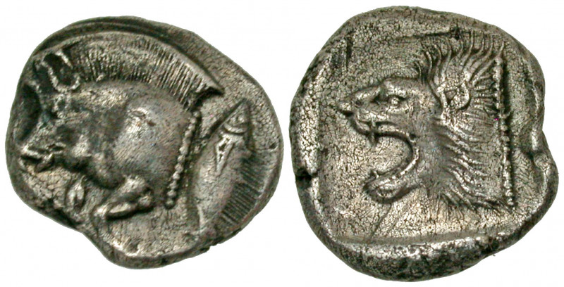 Mysia, Kyzikos. Ca. 404 or 394 B.C. AR diobol (10.9 mm, 1.23 g, 3 h). Forepart o...