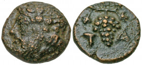 Aiolis, Temnos. 3rd century B.C. AE 10 (10.3 mm, 1.24 g, 6 h). Bearded head of Dionysos left, wearing ivy wreath / T-A, grape bunch on vine. SNG Copen...