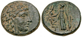 Aiolis, Temnos. 2nd-1st centuries B.C. AE 17 (16.6 mm, 4.02 g, 12 h). Wreathed head of Dionysos right / Δ-H / T-A, Athena Nikephoros standing left, ho...