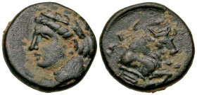 Ionia, Magnesia ad Meandrum. 4th century B.C. AE 13 (13.1 mm, 2.05 g, 7 h). Laureate head of Apollo left / MAΓ, forepart of bull right, maeander patte...