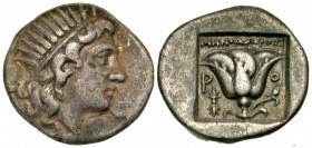 Islands off Caria, Rhodos. Rhodes. Ca. 188-170 B.C. AR drachm (16 mm, 2.86 g, 11 h). ?Plinthophoric? coinage. Menodoros, magistrate. Radiate head of H...