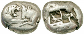 Lydian Kingdom. Kroisos. Circa 564/53-550/39 BC. AR stater (19 mm, 10.60 g). Sardes mint. Confronted foreparts of lion right and bull left / Two incus...