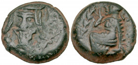 Parthian Kingdom. Vologases III. Ca. A.D. 111-146. AE dichalkon (15.3 mm, 3,59 g, 12 h). Seleucia on the Tigris mint. Crowned facing bust / Tyche seat...