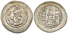 Sasanian Kingdom. Yazgard II. A.D. 438-457. AR drachm (29.4 mm, 3.98 g, 3 h). Crowned bust right, border of dots / Fire altar with two attendants; bor...