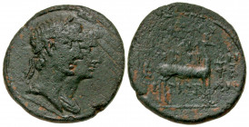 Ionia, Ephesos. Augustus. 27 B.C.-A.D. 14 AE 21 (21 mm, 5.76 g, 12 h). Aristion; as grammateus, and Presbon. Jugate busts of Augustus, laureate, and L...