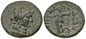 Phrygia, Synnada. Pseudo-autonomous. Late first or early second century A.D. AE 18 (18 mm, 4.63 g, 12 h). Turreted head of Tyche right / CYNNAΔEΩN, At...