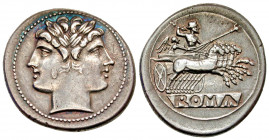 Anonymous. Ca. 225-214/212 B.C. AR quadrigatus (24.5 mm, 6.67 g, 7 h). Rome mint. Laureate janiform head / Jupiter, holding scepter in his left hand a...