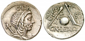 Cn. Cornelius P.f. Lentulus Marcellinus. 76-75 B.C. AR denarius (19 mm, 3.88 g, 6 h). Uncertain Spanish mint. Diademed and draped bust of Genius Popul...